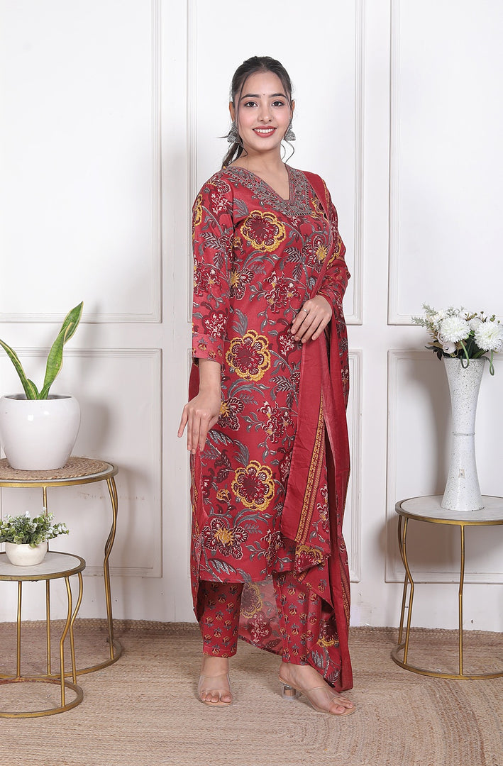Crimson Bloom Cotton Straight Suit Set