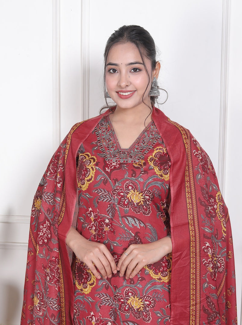 Crimson Bloom Cotton Straight Suit Set
