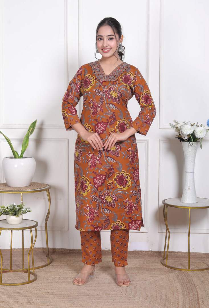 Amber Bloom Cotton Straight Suit Set