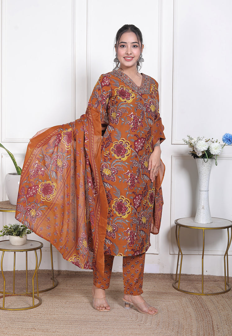 Amber Bloom Cotton Straight Suit Set