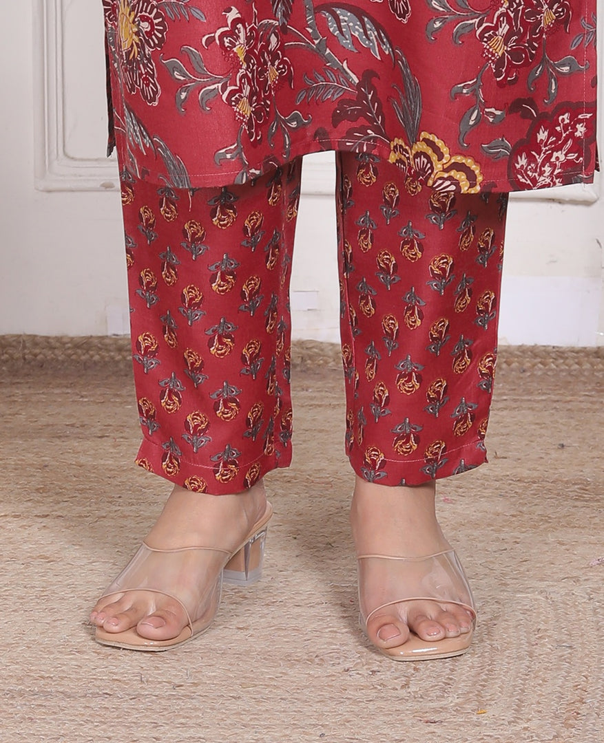 Crimson Bloom Cotton Straight Suit Set