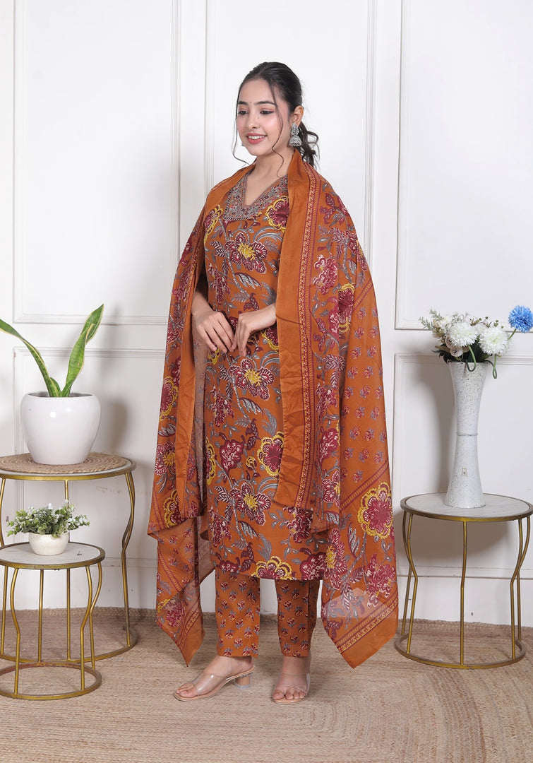 Amber Bloom Cotton Straight Suit Set