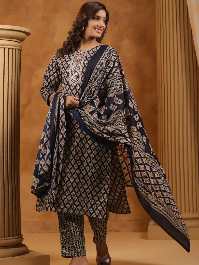 Ethnic Motifs Printed Rayon Kurta Set & Dupatta
