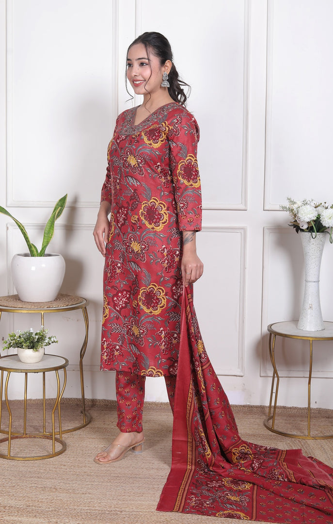 Crimson Bloom Cotton Straight Suit Set