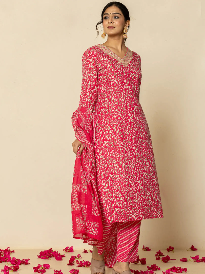 Polycotton Blend Printed & Embroidery Rani Color Suit Set