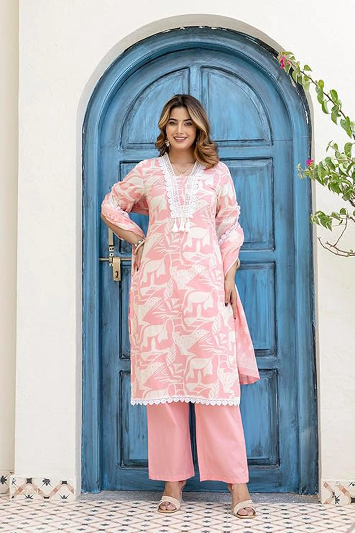 Cotton Printed A-Line Neck with Lace Work Kurta With Pant And Dupatta Suit Set