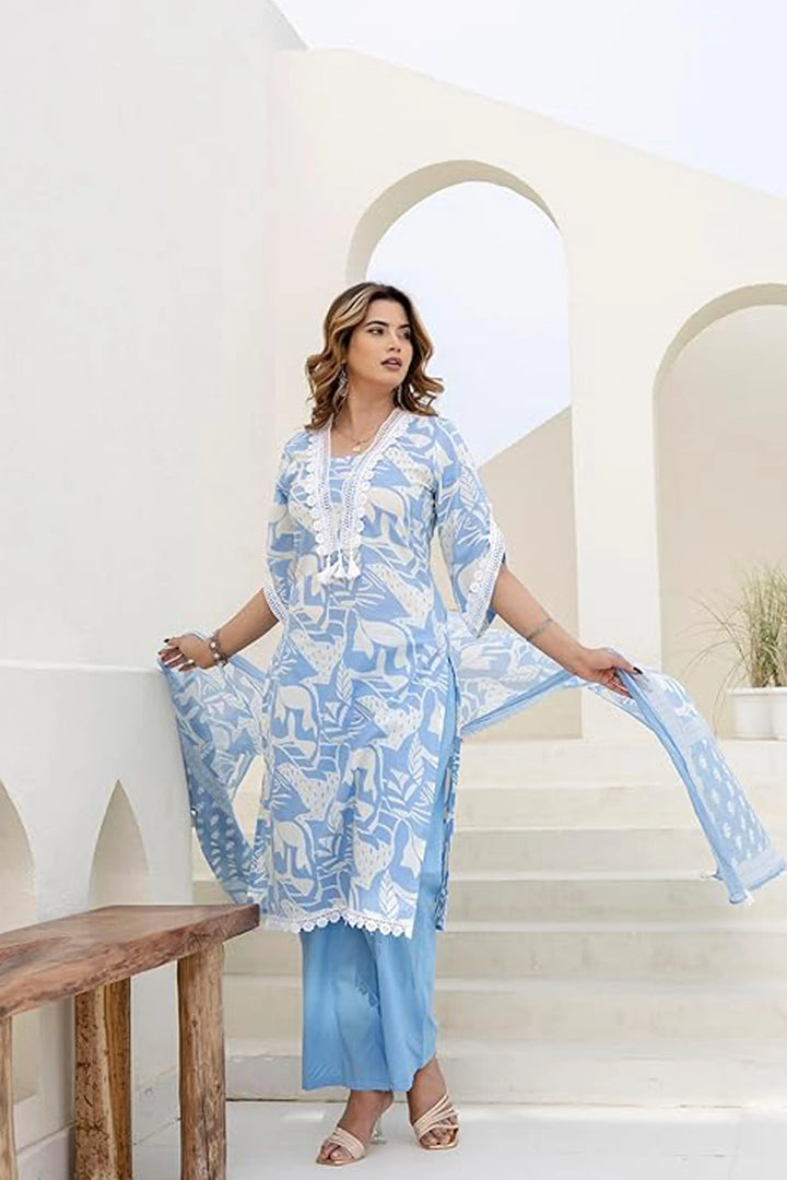 Cotton Printed A-Line Neck with Lace Work Kurta With Pant And Dupatta Suit Set