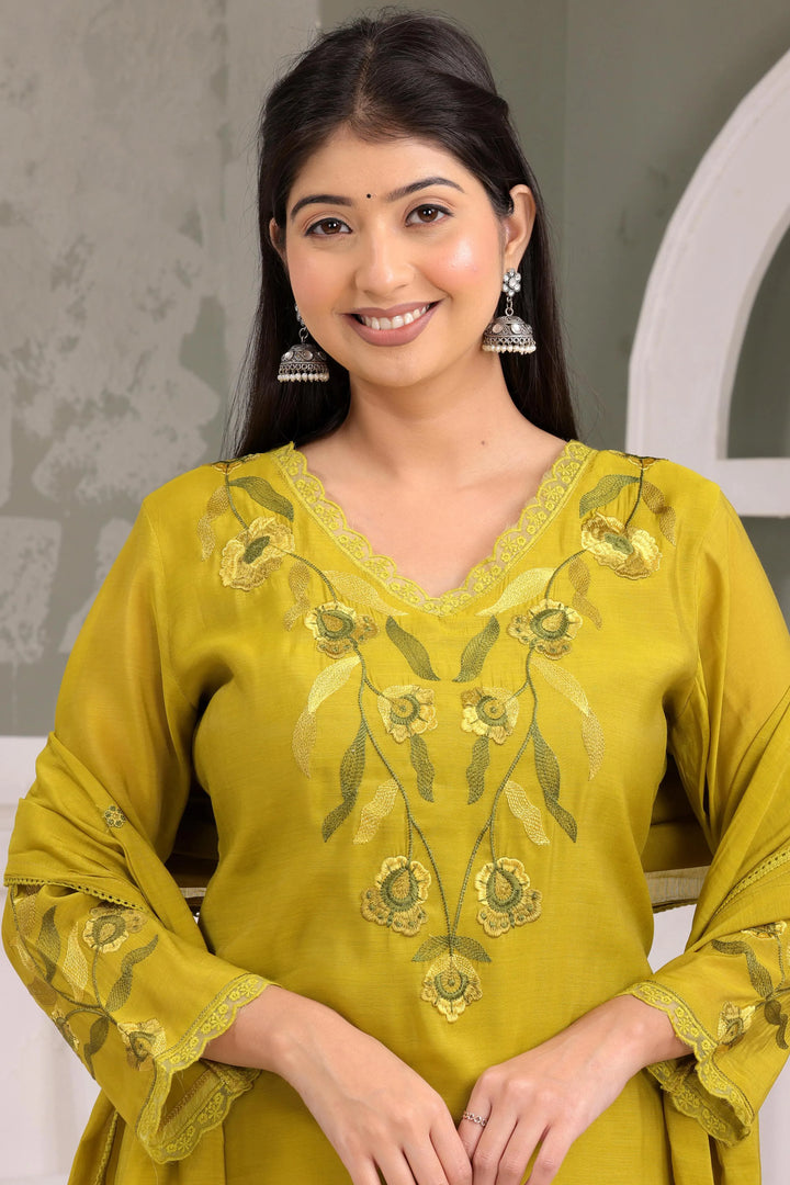 Olive Bloom Embroidered Kurta Set