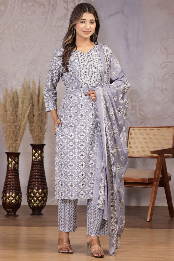 Soft Grey Bloom Cotton Suit Set