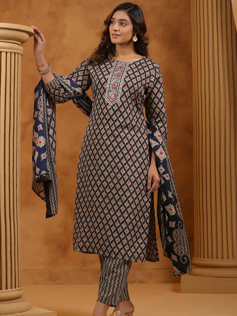Ethnic Motifs Printed Rayon Kurta Set & Dupatta