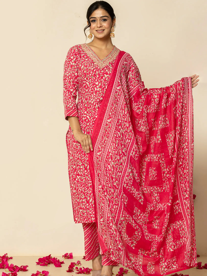 Polycotton Blend Printed & Embroidery Rani Color Suit Set