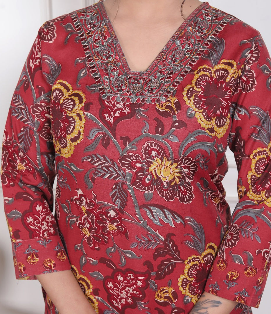Crimson Bloom Cotton Straight Suit Set