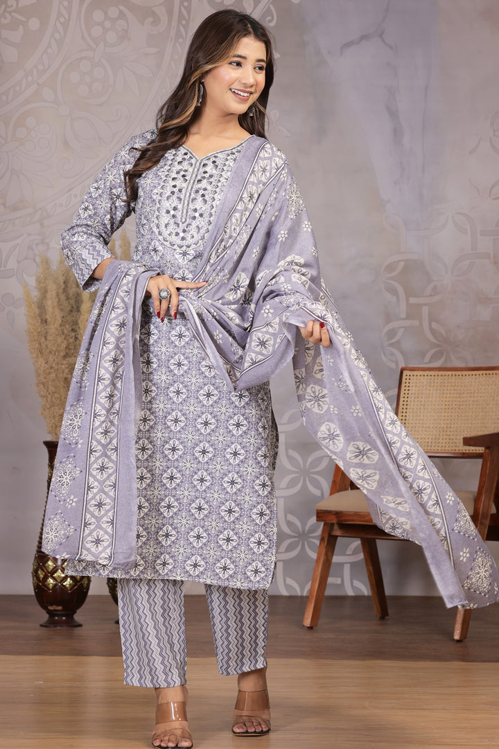 Soft Grey Bloom Cotton Suit Set