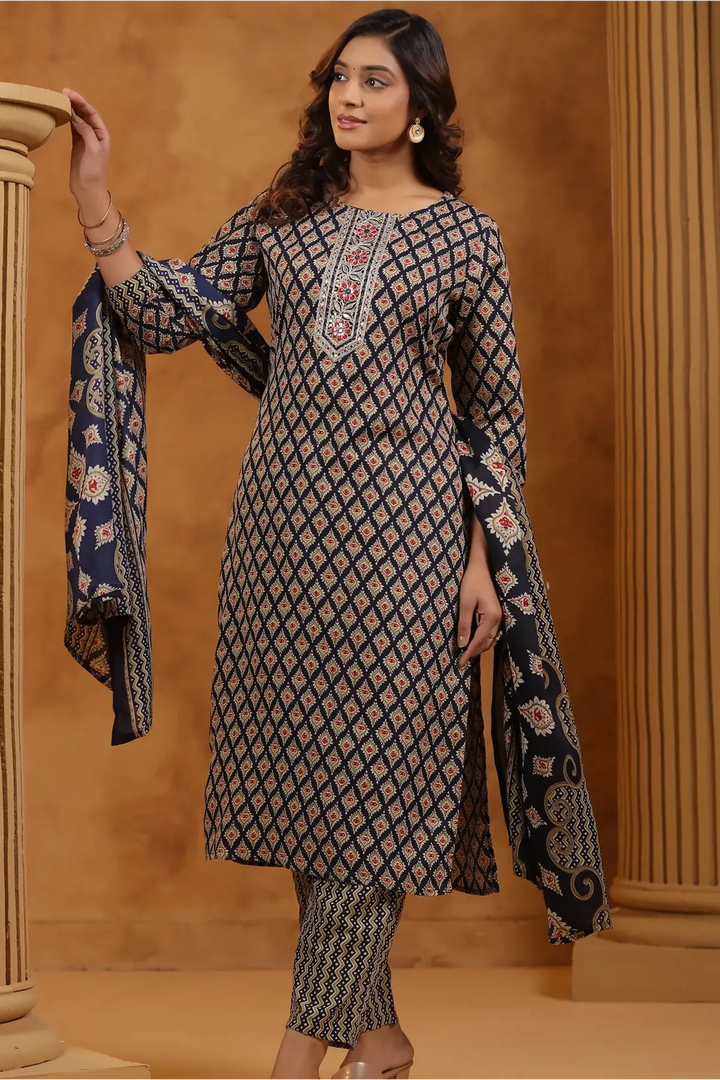 Ethnic Motifs Printed Rayon Kurta Set & Dupatta