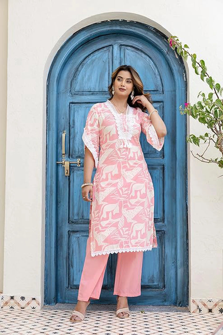 Cotton Printed A-Line Neck with Lace Work Kurta With Pant And Dupatta Suit Set
