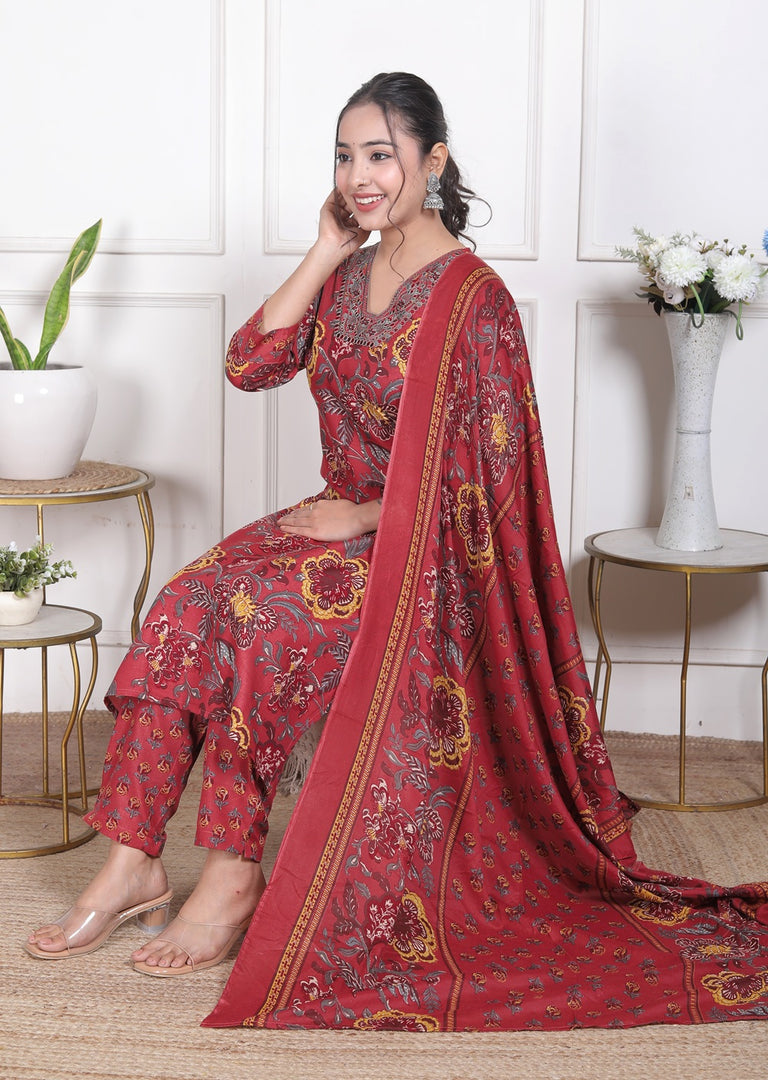 Crimson Bloom Cotton Straight Suit Set