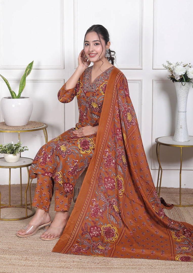 Amber Bloom Cotton Straight Suit Set