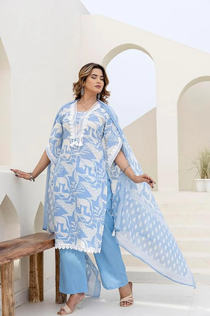 Cotton Printed A-Line Neck with Lace Work Kurta With Pant And Dupatta Suit Set
