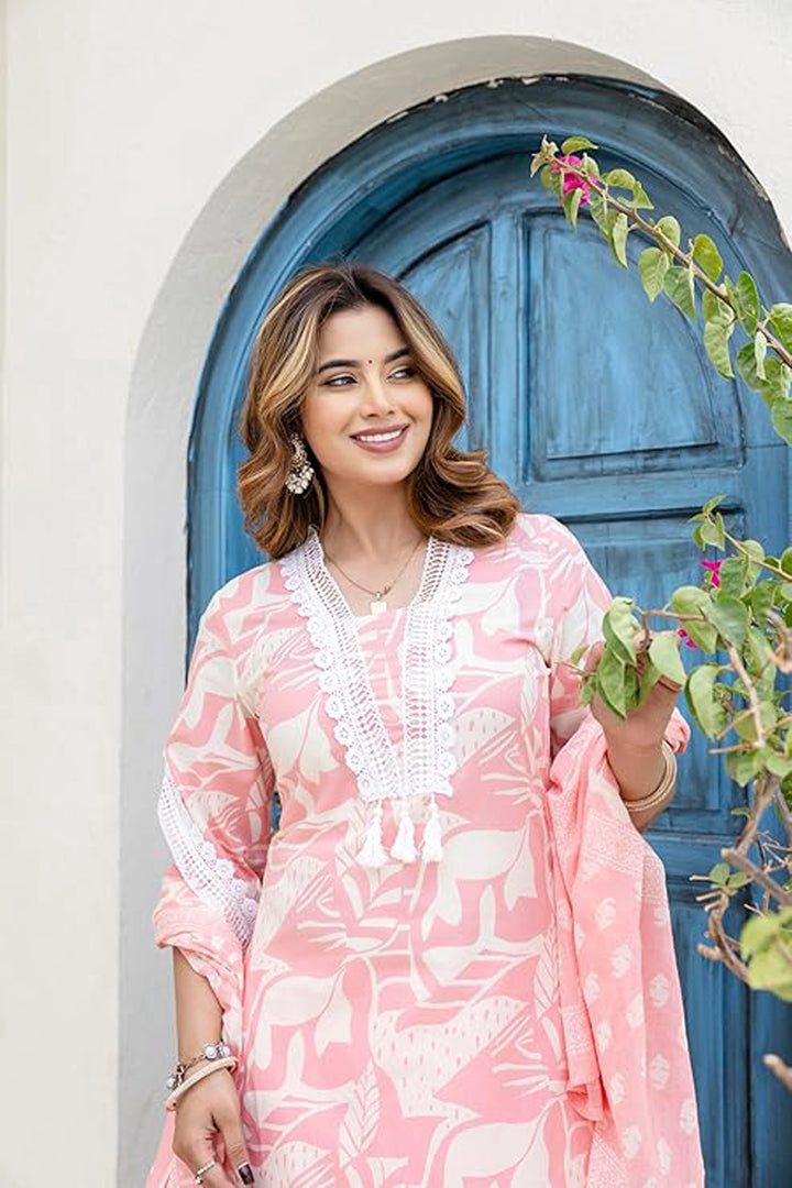Cotton Printed A-Line Neck with Lace Work Kurta With Pant And Dupatta Suit Set
