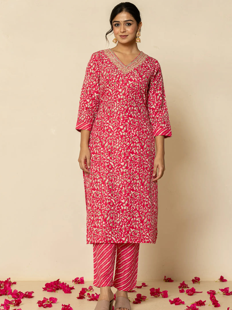 Polycotton Blend Printed & Embroidery Rani Color Suit Set