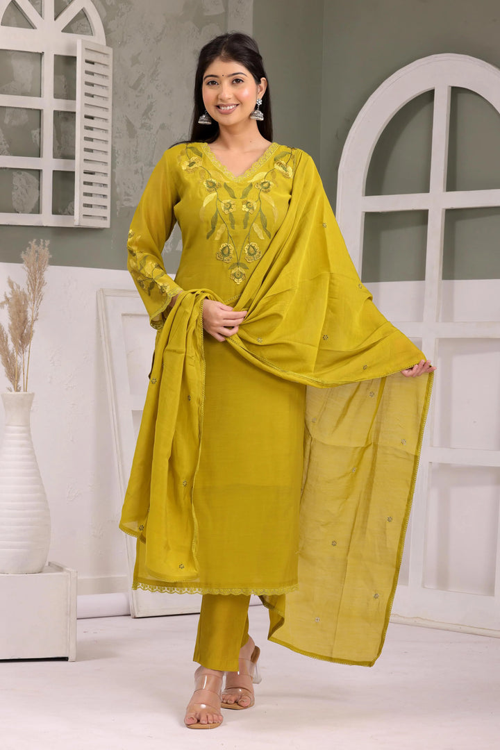 Olive Bloom Embroidered Kurta Set