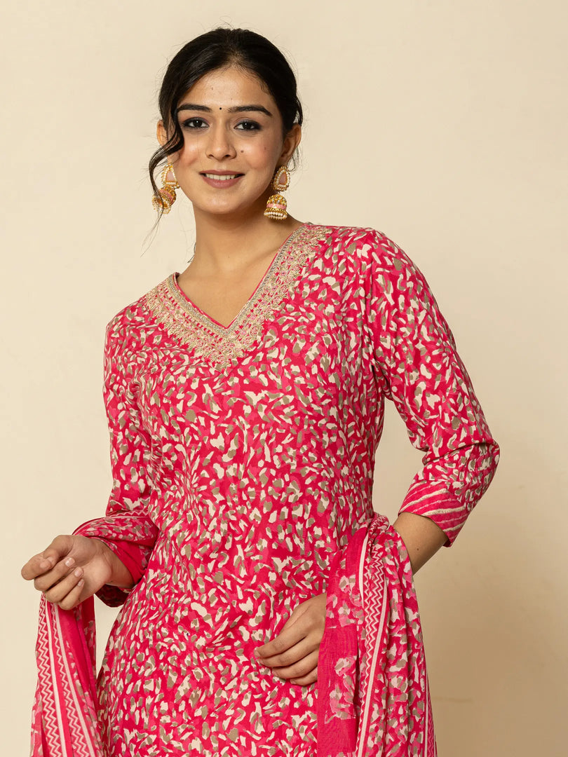 Polycotton Blend Printed & Embroidery Rani Color Suit Set