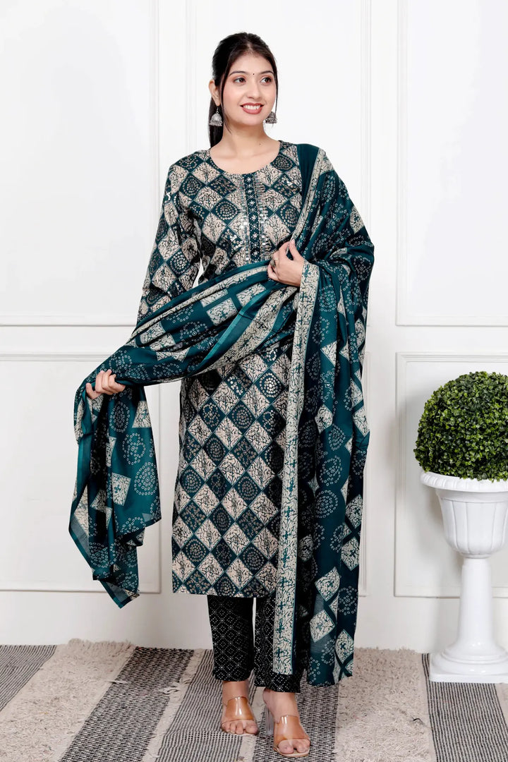 Ethnic Bandhni Print Cotton Suit Set With Dupatta