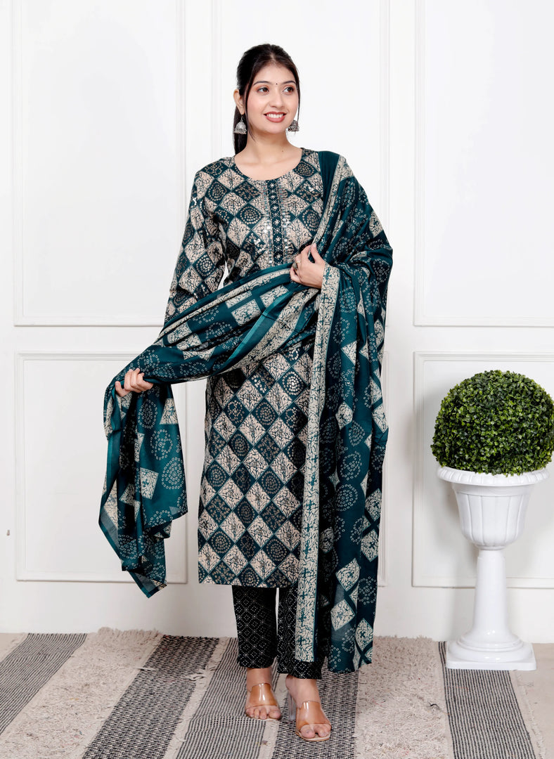 Ethnic Bandhni Print Cotton Suit Set With Dupatta