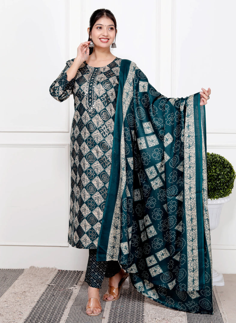 Ethnic Bandhni Print Cotton Suit Set With Dupatta