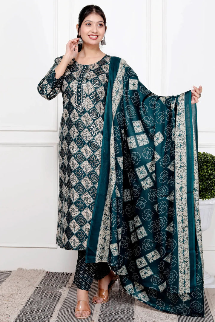 Ethnic Bandhni Print Cotton Suit Set With Dupatta