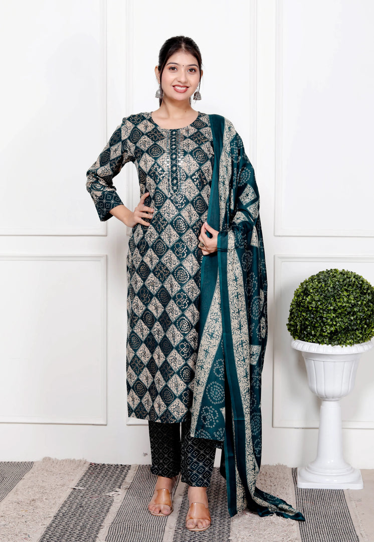 Ethnic Bandhni Print Cotton Suit Set With Dupatta