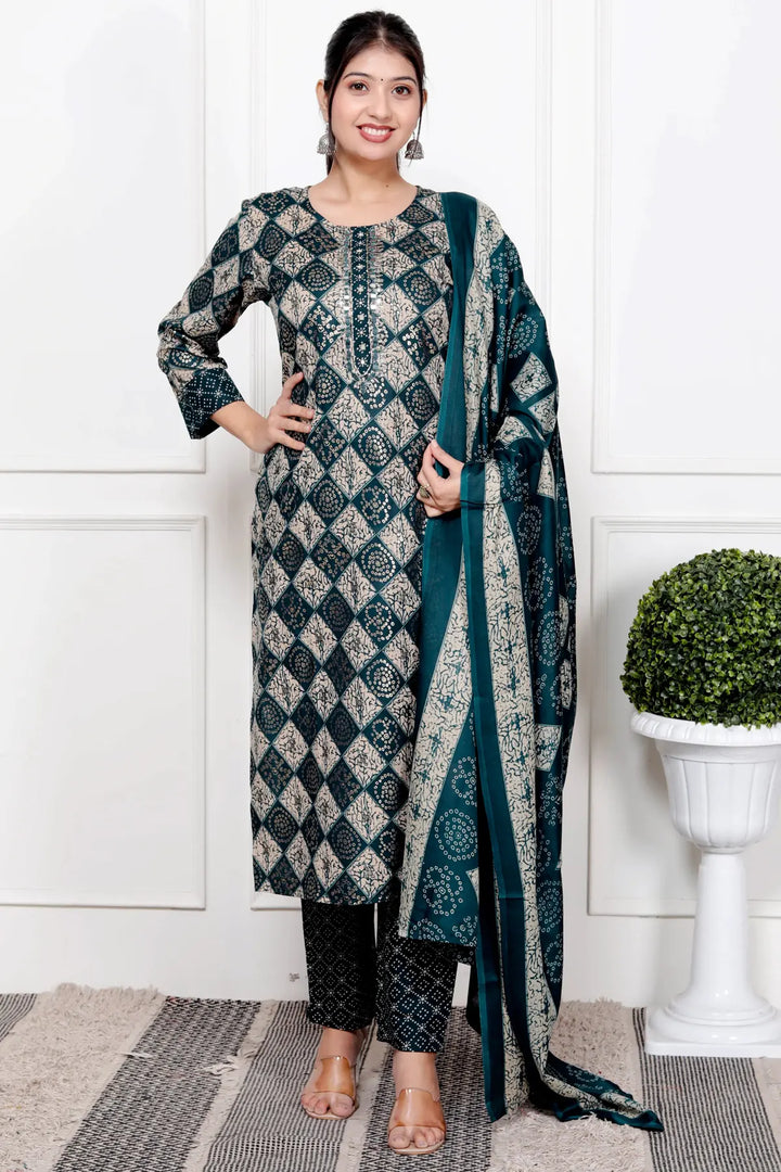 Ethnic Bandhni Print Cotton Suit Set With Dupatta