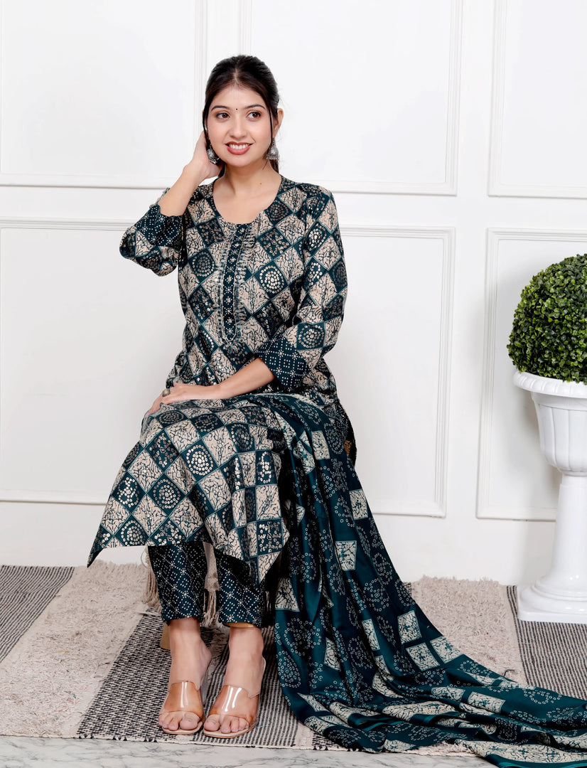 Ethnic Bandhni Print Cotton Suit Set With Dupatta