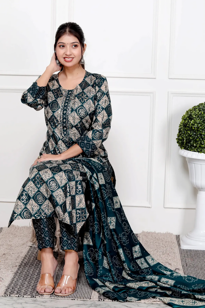 Ethnic Bandhni Print Cotton Suit Set With Dupatta