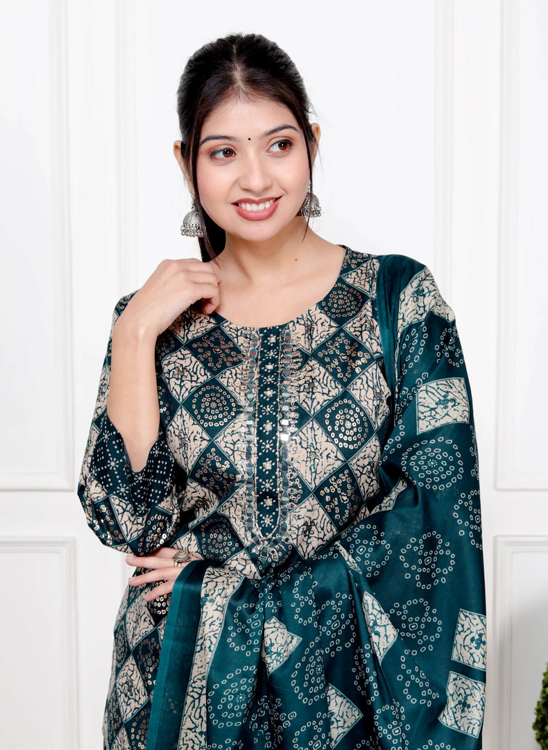 Ethnic Bandhni Print Cotton Suit Set With Dupatta