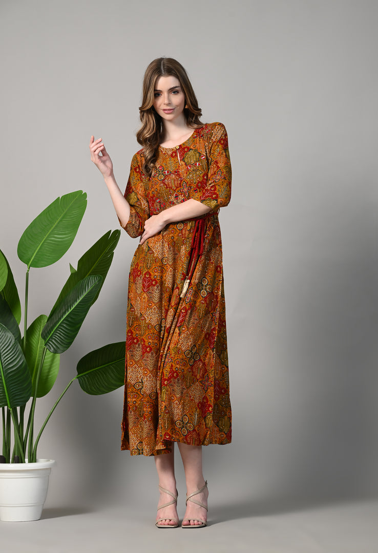Mustard Yellow Printed Gown