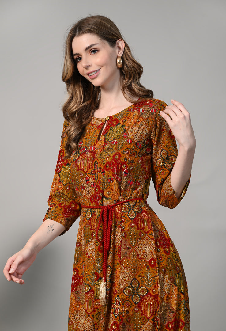 Mustard Yellow Printed Gown