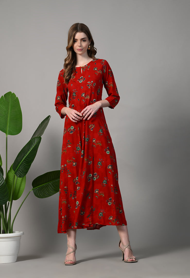 Floral Print Georgette Flared Red Gown