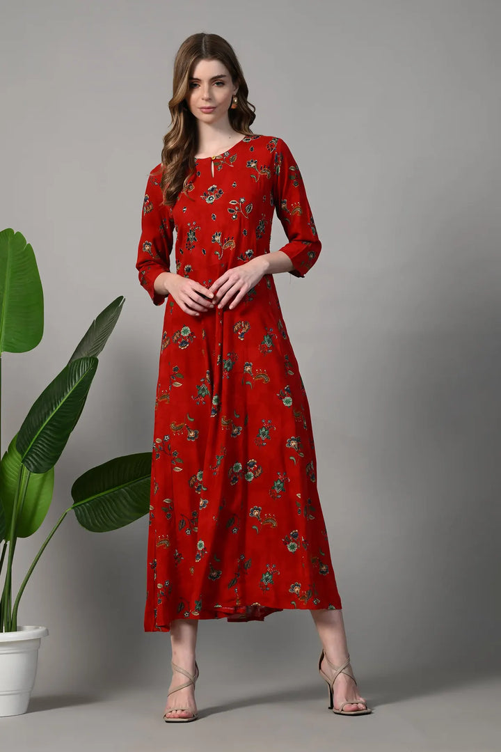 Floral Print Georgette Flared Red Gown