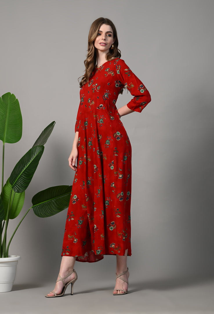 Floral Print Georgette Flared Red Gown