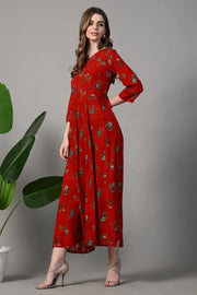 Floral Print Georgette Flared Red Gown