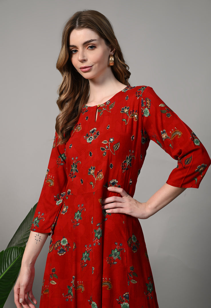Floral Print Georgette Flared Red Gown