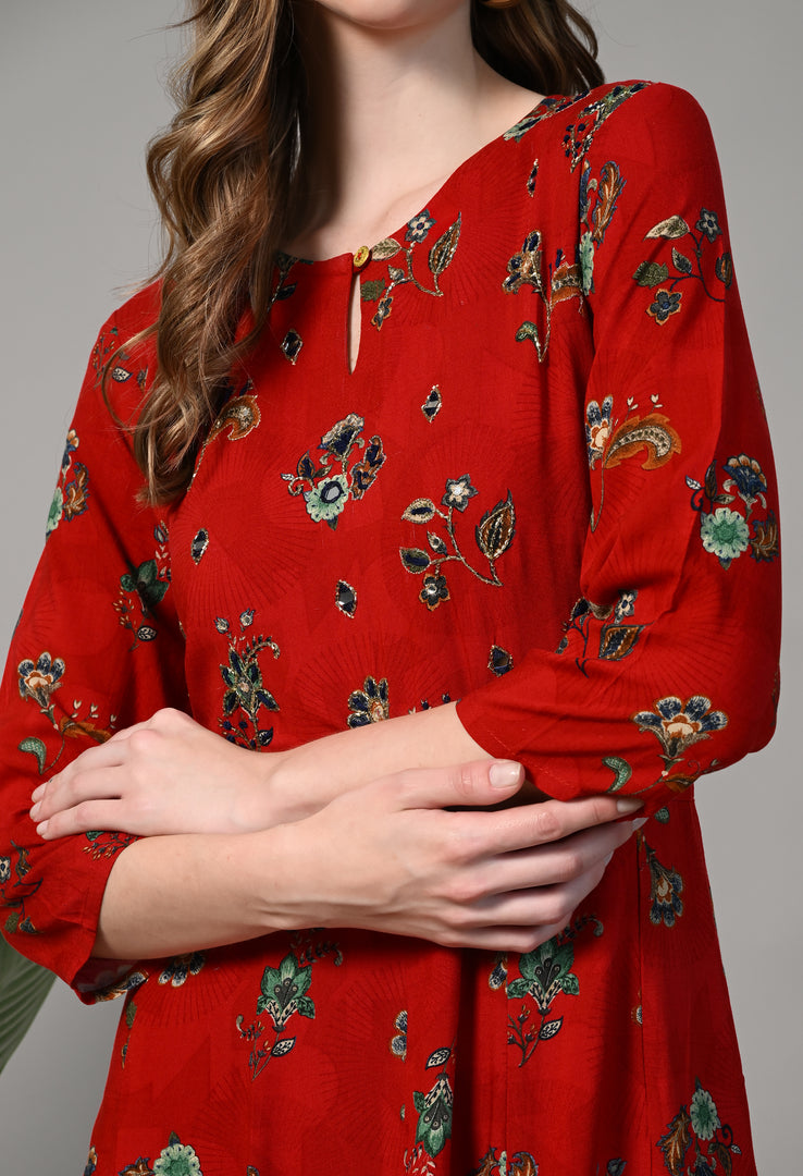 Floral Print Georgette Flared Red Gown
