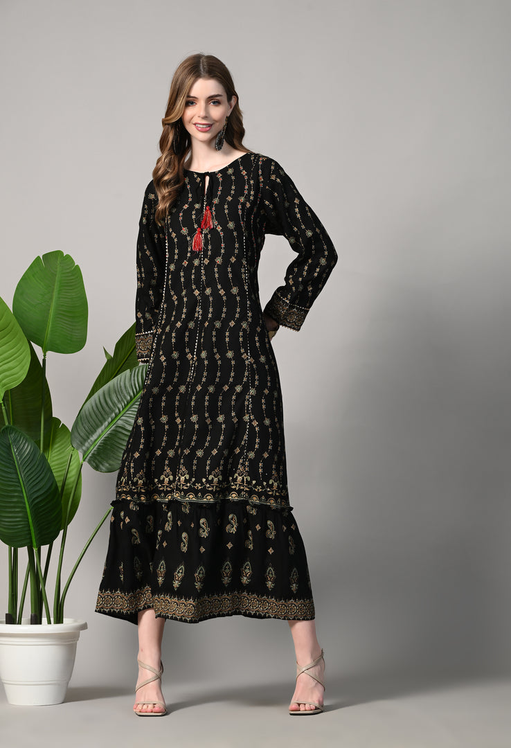 Printed Cotton Blend Stitched Flared/A-line Gown
