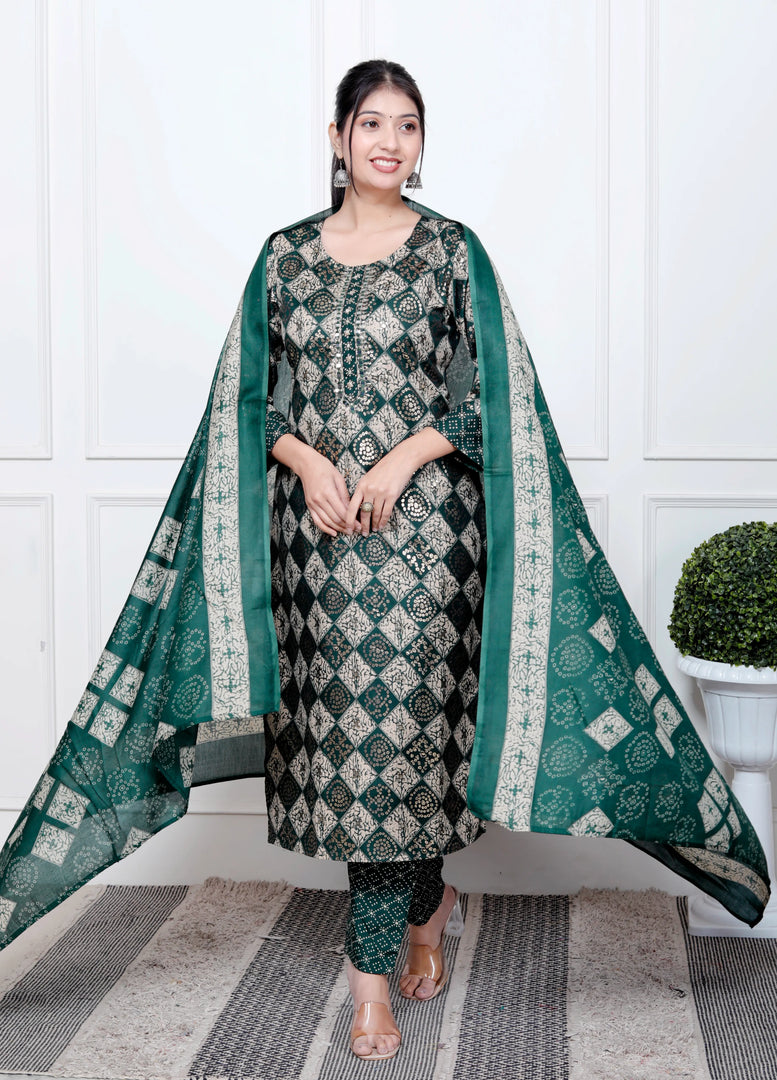 Ethnic Bandhni Print Cotton Suit Set With Dupatta