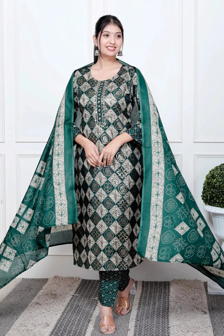 Ethnic Bandhni Print Cotton Suit Set With Dupatta