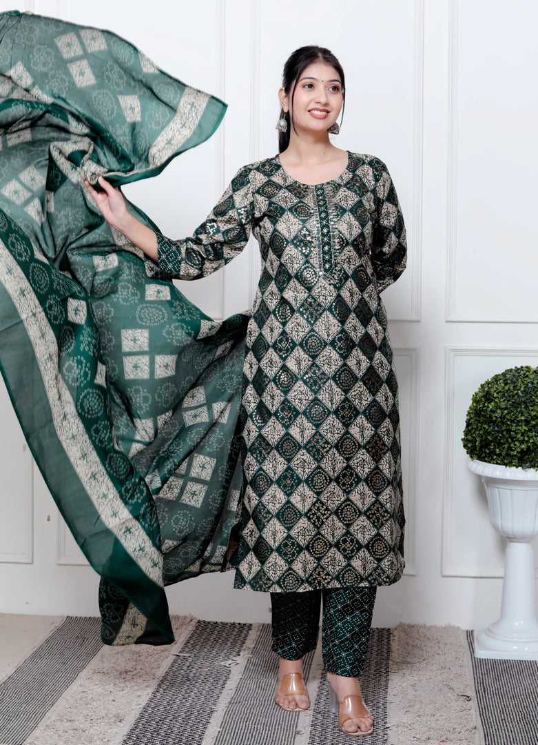 Ethnic Bandhni Print Cotton Suit Set With Dupatta