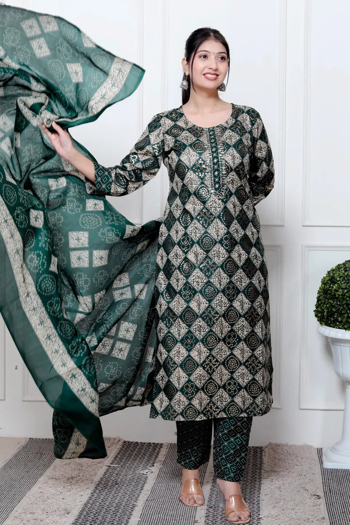 Ethnic Bandhni Print Cotton Suit Set With Dupatta