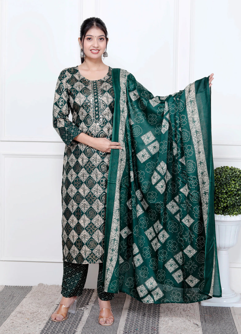 Ethnic Bandhni Print Cotton Suit Set With Dupatta