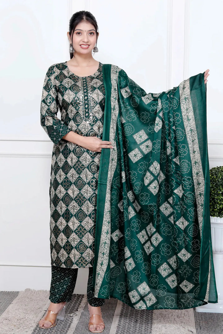 Ethnic Bandhni Print Cotton Suit Set With Dupatta